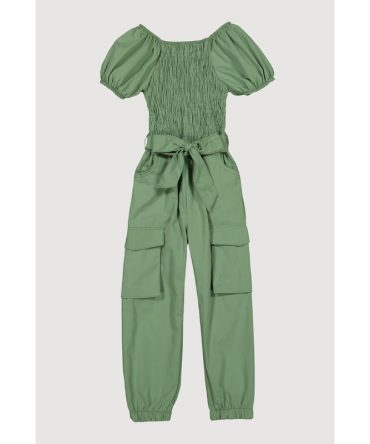 Little Girls Puff Sleeve Smocked Cargo Jumpsuit