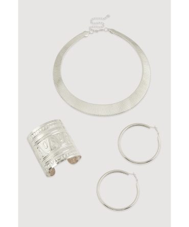 Metallic Hoop Earrings and Choker Necklace with Cuff Bracelet 3 Piece Set