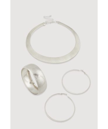 Metallic Statement Necklace with Hoop Earrings and Bangle Set