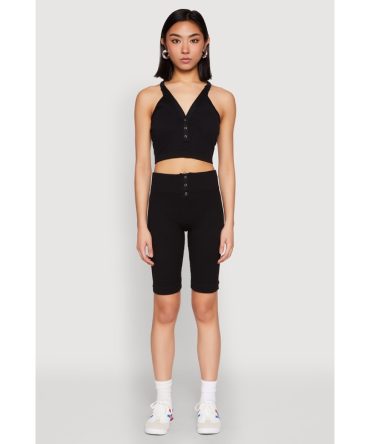 Seamless Ribbed Button Detail Biker Shorts