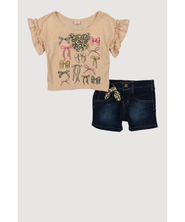 Toddler Girls Assorted Bows Graphic Tee and Denim Shorts