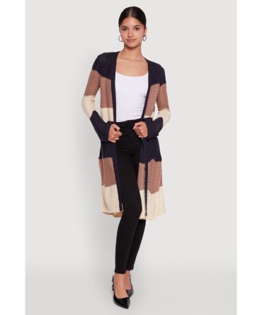 Trendy Crochet Color Block Long Sleeve Duster