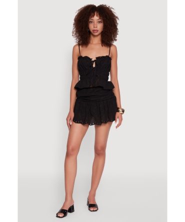 Trendy Eyelet Side Ruched Drop Waist Skirt