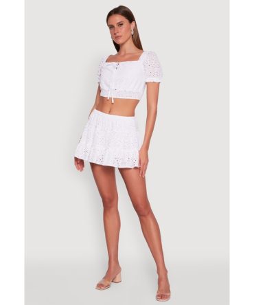 Trendy High Waisted Eyelet Tiered Mini Skirt