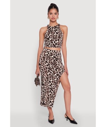 Trendy Leopard Print Side Slit High Waisted Skirt