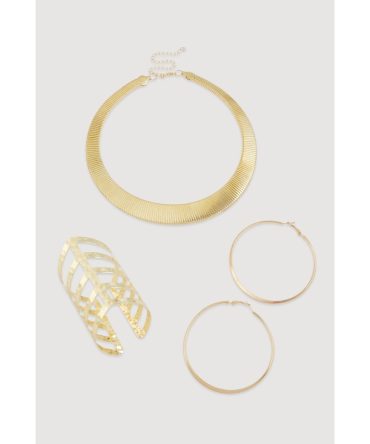 Trendy Metallic Hoop Earrings and Chocker with Cuff Bracelet 3-Piece Set