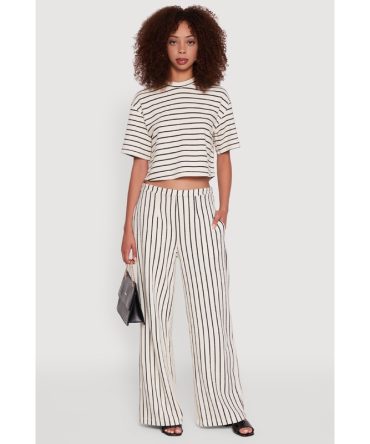 Trendy Textured Knit Striped Wide Leg Pants