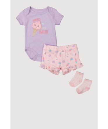 Baby Girls 0-9M Chenille Little Sweetie Patch Graphic Bodysuit and Shorts