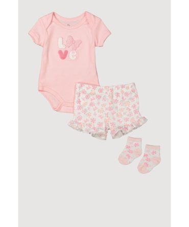 Baby Girls 0-9M Chenille Love Patch Graphic Bodysuit and Shorts