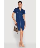 Denim Sleeveless Pintuck Skater Dress with Zip Back