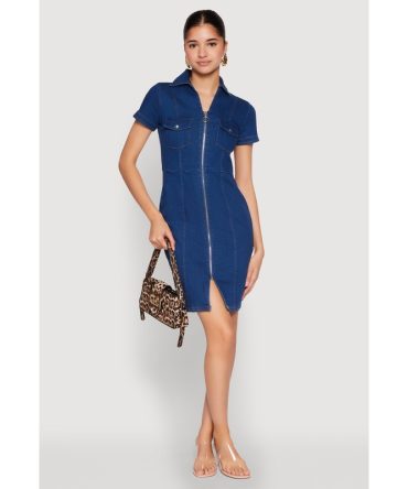 Denim Pintuck Zip Front Shirt Dress