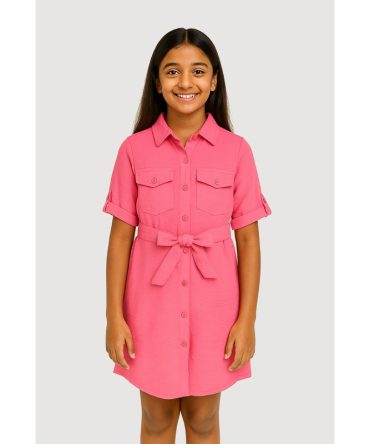Girls Airy Tabbed Sleeve Shirt Dress