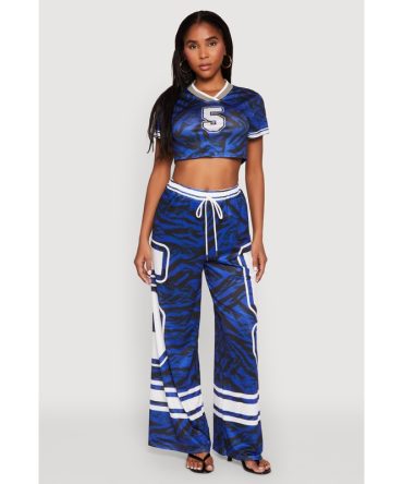 Jersey Mesh Graphic Zebra Print Wide Leg Pants