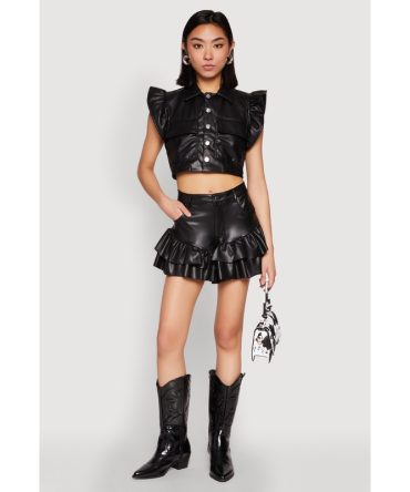 Tiered Ruffle Hem Faux Leather Shorts