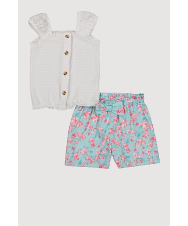 Toddler Girls Smocked Button Front Top and Linen Floral Shorts