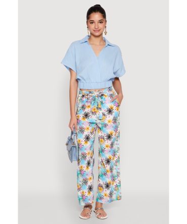 Tropical Print Paper Bag Waist Pants