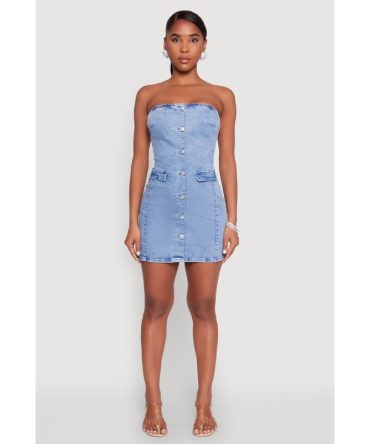 WAX Denim Button Detail Tube Dress