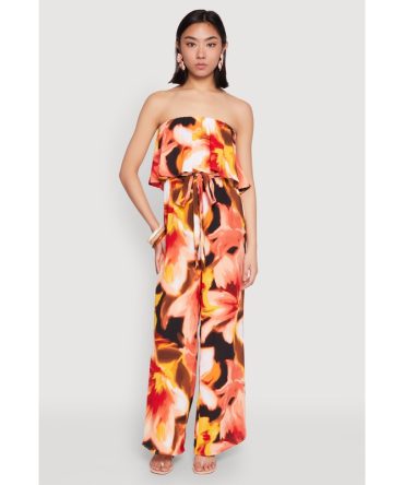 Abstract Floral Print Strapless Jumpsuit