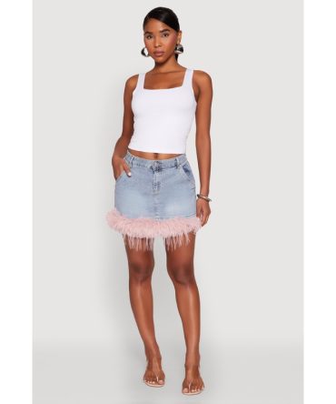 Almost Famous Faux Fur Trim Denim Mini Skirt