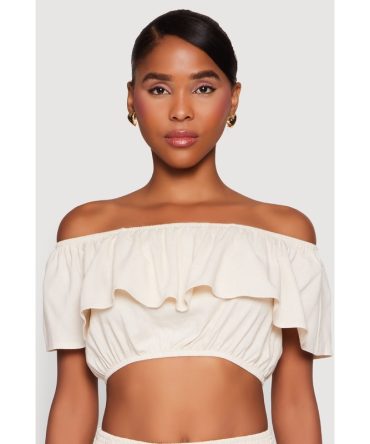 Almost Famous Ruffle Overlay Off the Shoulder Crop Top