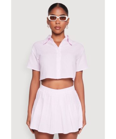 Almost Famous Striped Seersucker Cropped Shirt