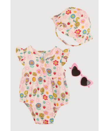Baby Girls 0-9M Flower Print Romper and Hat with Sunglasses