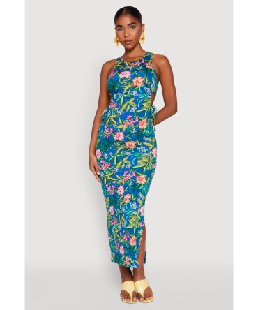 Floral Print Drawstring Side Cut Out Maxi Dress