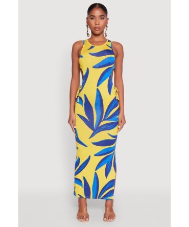 Leaf Print Drawstring Side Cut Out Dress