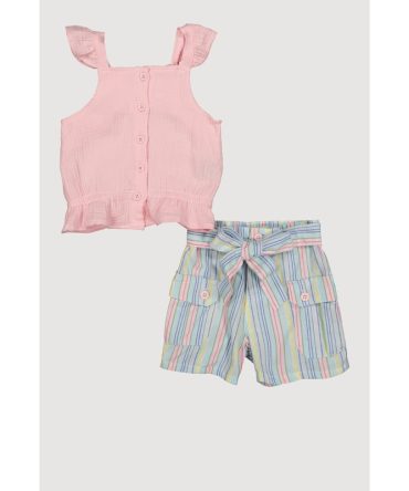 Little Girls Gauze Knit Sleeveless Top and Stripe Shorts