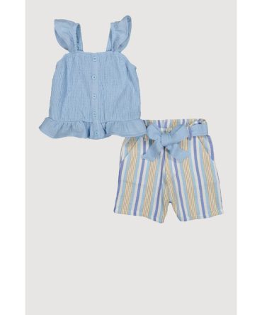 Little Girls Gauze Knit Smocked Top and Stripe Shorts