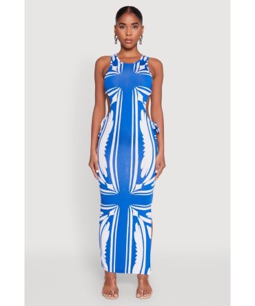 Patterned Drawstring Side Cut Out Maxi Dress