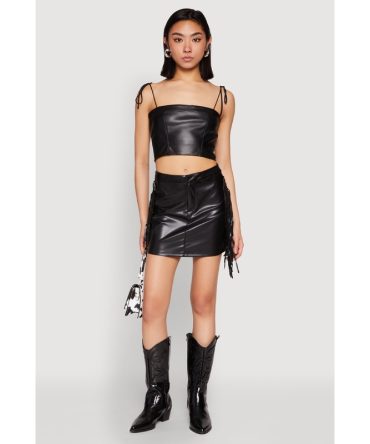 Side Fringe Faux Leather Mini Skirt