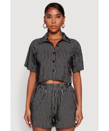 Textured Knit Striped Cropped Shirt