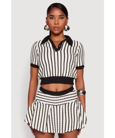 Textured Knit Striped Polo Shirt