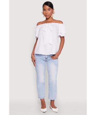 Tiered Sleeve Tie Front Off the Shoulder Top