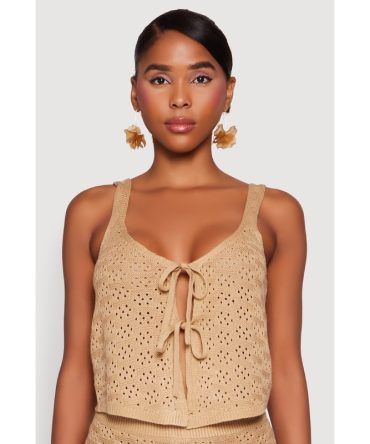 Almost Famous Pointelle Crochet Tie Front Top