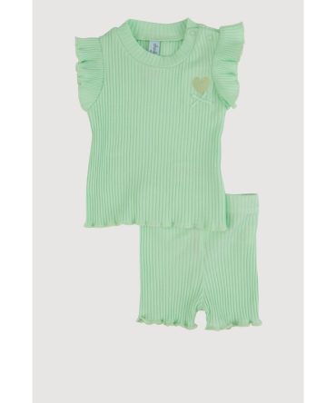 Baby Girls Rib Knit Heart Embroidered Tee and Shorts