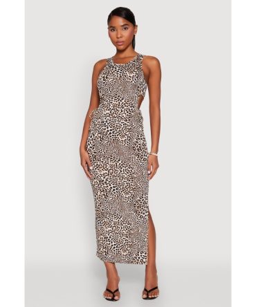 Drawstring Side Cut Out Leopard Print Maxi Dress