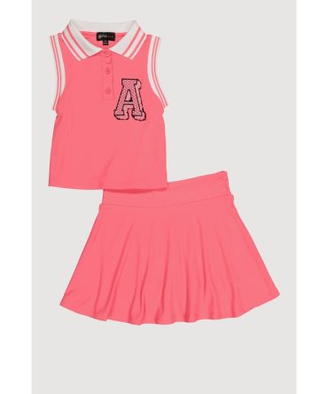 Girls Chenille Initial A Patch Polo Tee and Skort