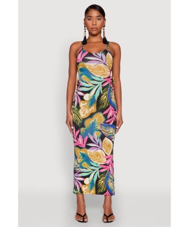 Leaf Print Drawstring Side Cut Out Maxi Dress