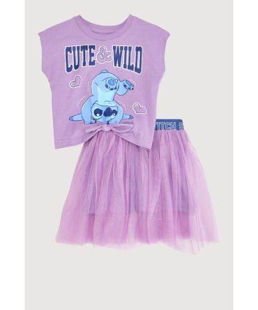 Little Girls Cute and Wild Stitch Graphic Top with Tutu Skort