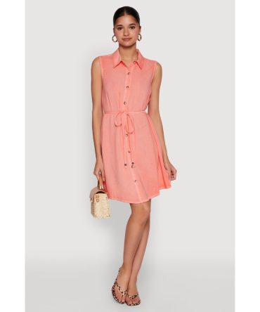 Tie Waist Belted Sleeveless Shirt Dress