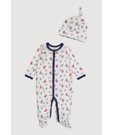 Baby Boys 0-9M Sailboats Print Footed Jumpsuit and Hat