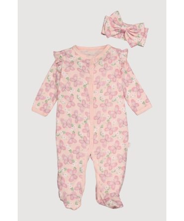 Baby Girls 0-9M Butterfly Print Footed Jumpsuit and Headband