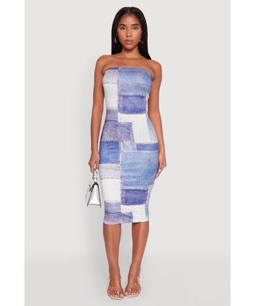 Denim Patch Graphic Tube Midi Dress