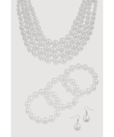 Faux Pearl Layered Choker Necklace with Drop Earrings and Bracelets