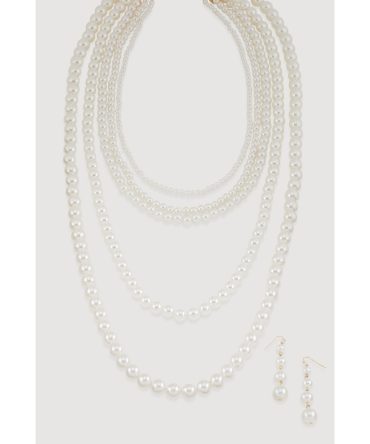 Faux Pearl Layered Necklace with Drop Earrings