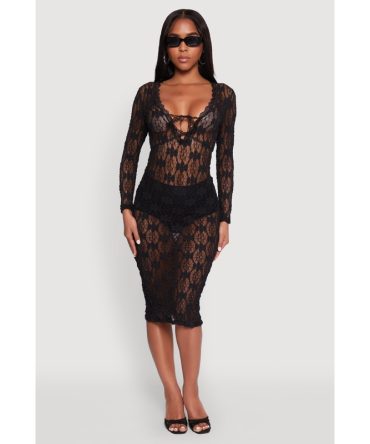 Floral Lace Tie Front Plunge Midi Dress