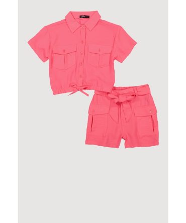 Girls Faux Drawstring Shirt and Cargo Shorts