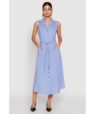 Lapel Collar Tie Waist Belted Midi Dress